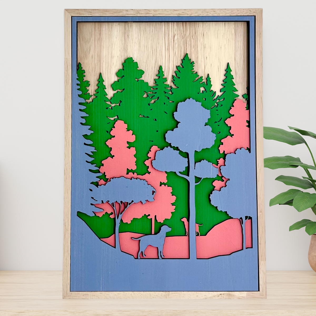 "Two Dogs in the Woods" Layered Pastel Laser-Etched Wooden Artwork
